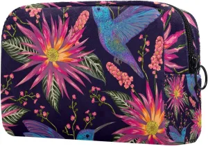 Hummingbird Tropical Red Flowers Cosmetic Makeup Bags, Small Travel Zipper Pouch Portable Toiletry Bag Makeup Organizer for Women Teen Girls