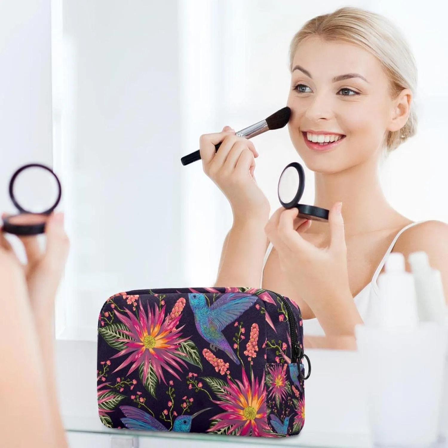 Hummingbird Tropical Red Flowers Cosmetic Makeup Bags, Small Travel Zipper Pouch Portable Toiletry Bag Makeup Organizer for Women Teen Girls