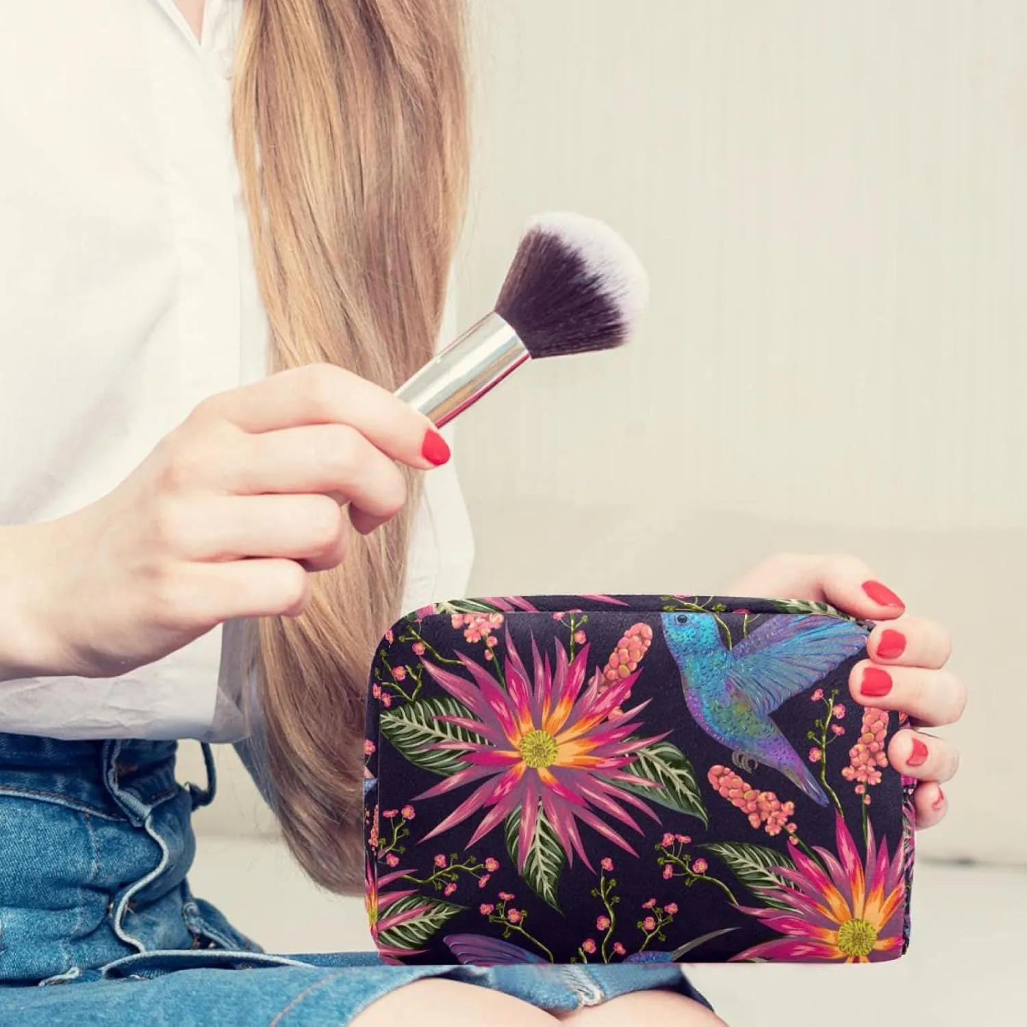 Hummingbird Tropical Red Flowers Cosmetic Makeup Bags, Small Travel Zipper Pouch Portable Toiletry Bag Makeup Organizer for Women Teen Girls