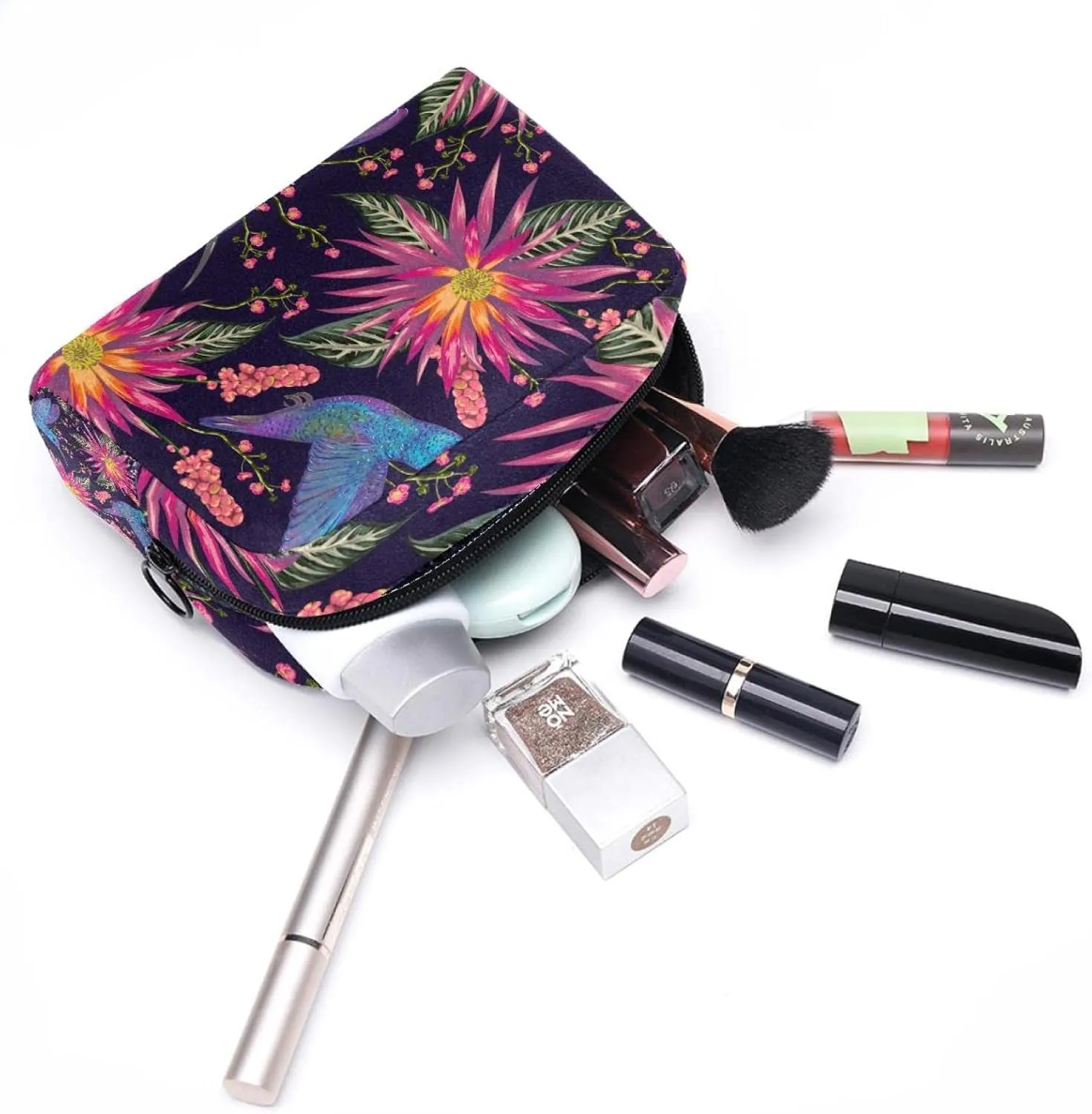 Hummingbird Tropical Red Flowers Cosmetic Makeup Bags, Small Travel Zipper Pouch Portable Toiletry Bag Makeup Organizer for Women Teen Girls