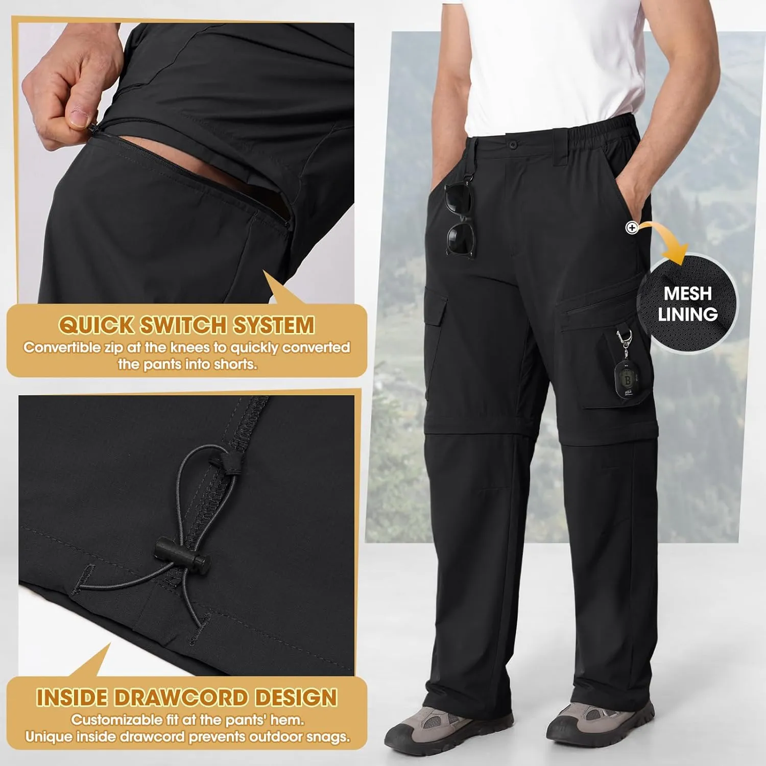 IGOLUMON Mens Hiking Pants Convertible Quick Dry Cargo Pants Water Resistant Lightweight Zip Off Outdoor Pants with 6 Pockets