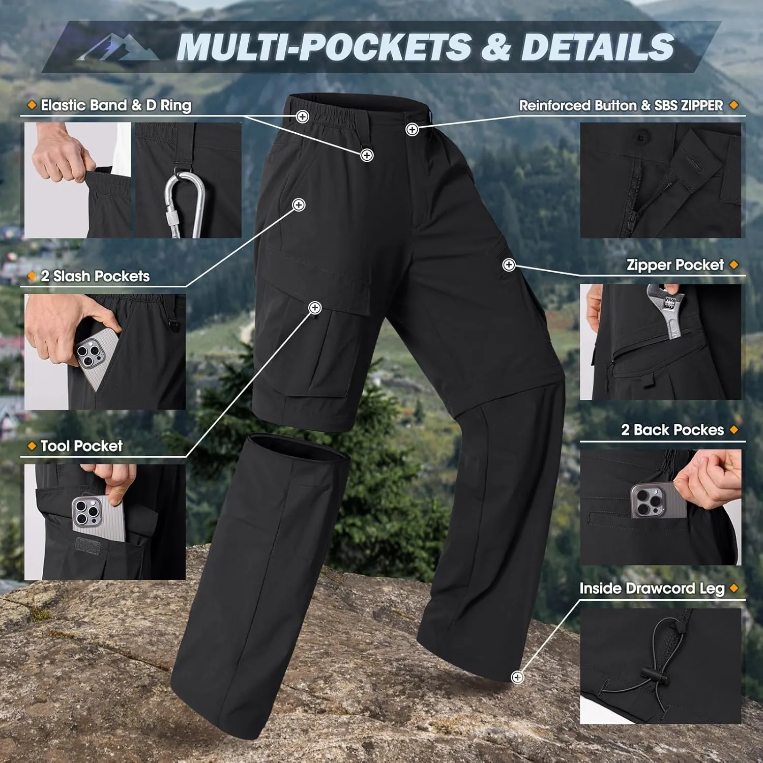 IGOLUMON Mens Hiking Pants Convertible Quick Dry Cargo Pants Water Resistant Lightweight Zip Off Outdoor Pants with 6 Pockets