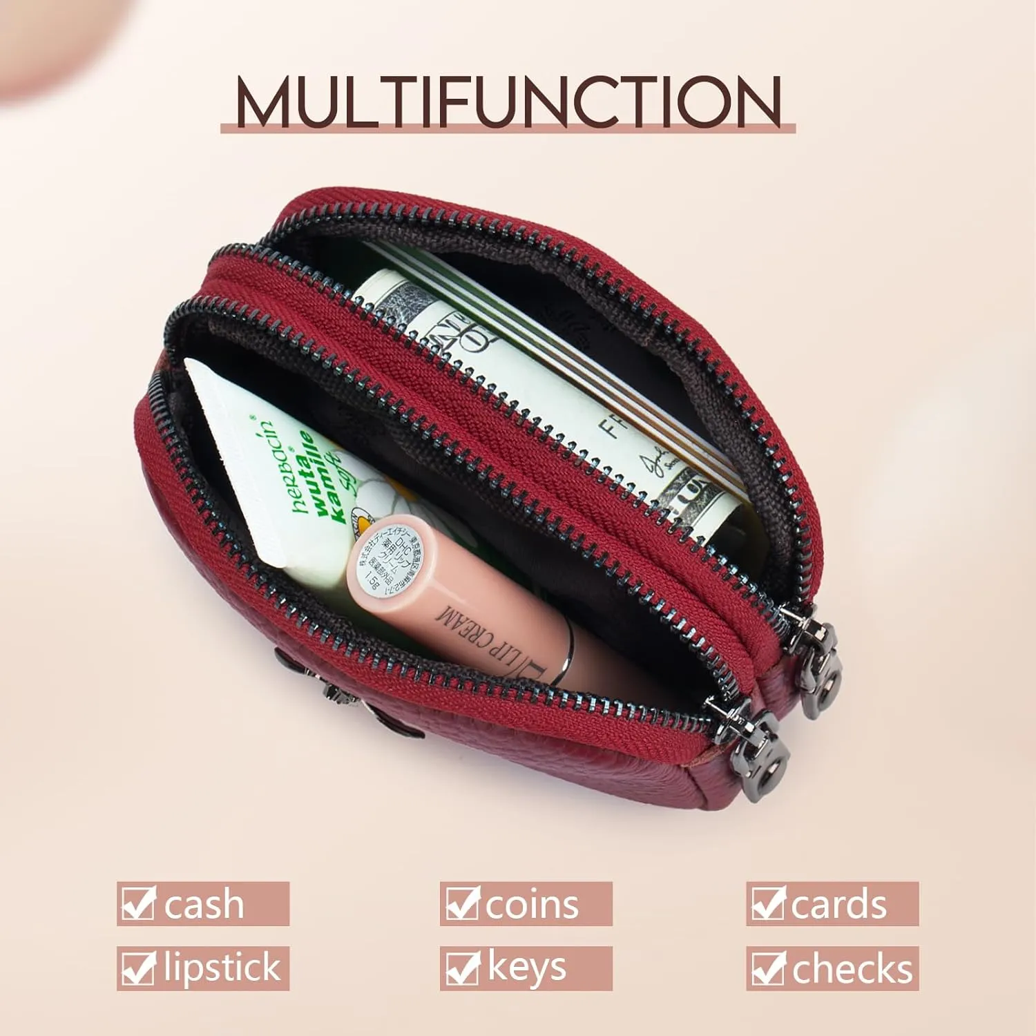imeetu Women Leather Coin Purse, Small 2 Zippered Change Pouch Wallet