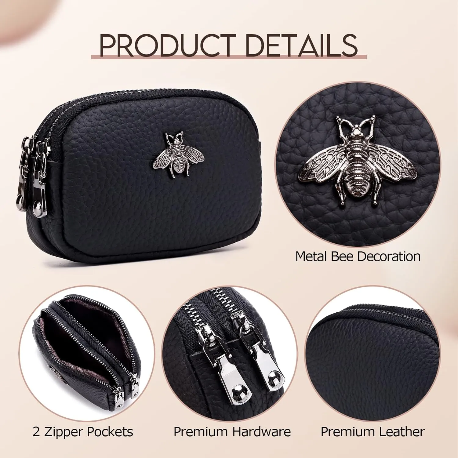 imeetu Women Leather Coin Purse, Small 2 Zippered Change Pouch Wallet