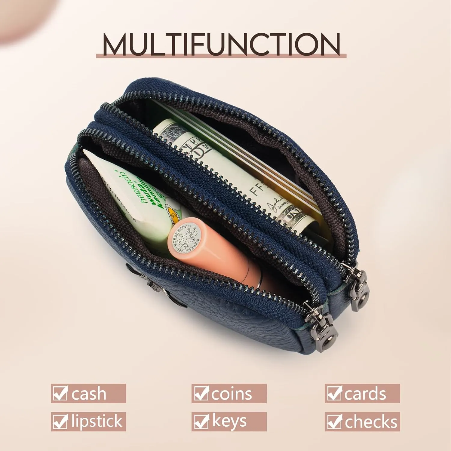 imeetu Women Leather Coin Purse, Small 2 Zippered Change Pouch Wallet