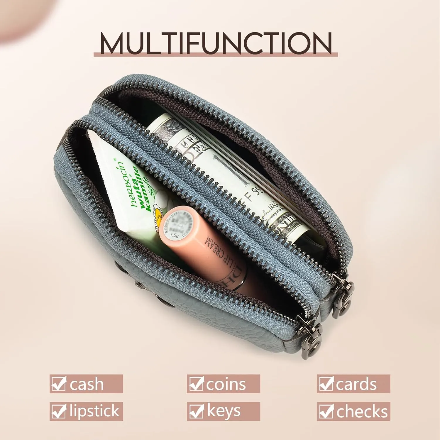 imeetu Women Leather Coin Purse, Small 2 Zippered Change Pouch Wallet