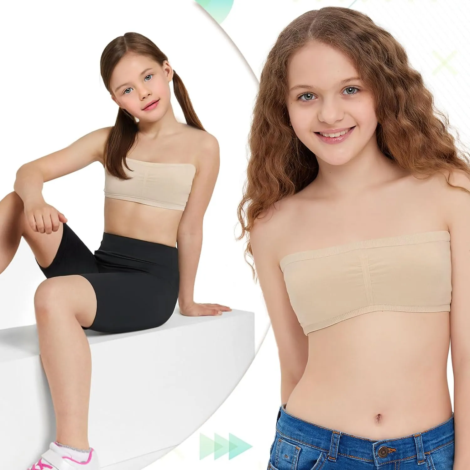 iMucci Girls Bandeau Bra Seamless Clear Strap Training Bras for Girls Sports Tube Top with Adjustable Clear Straps 7-16Y