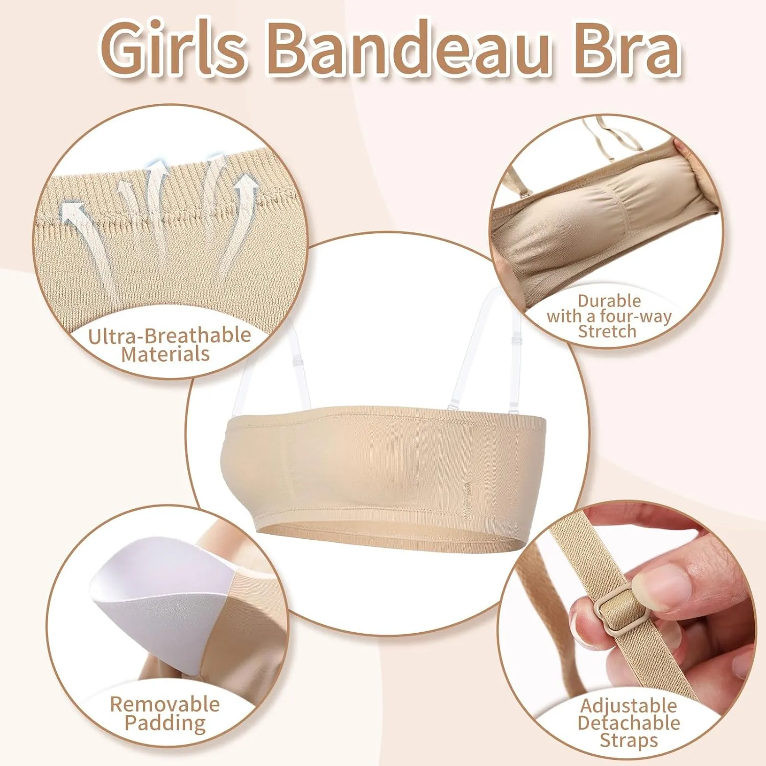 iMucci Girls Bandeau Bra Seamless Clear Strap Training Bras for Girls Sports Tube Top with Adjustable Clear Straps 7-16Y
