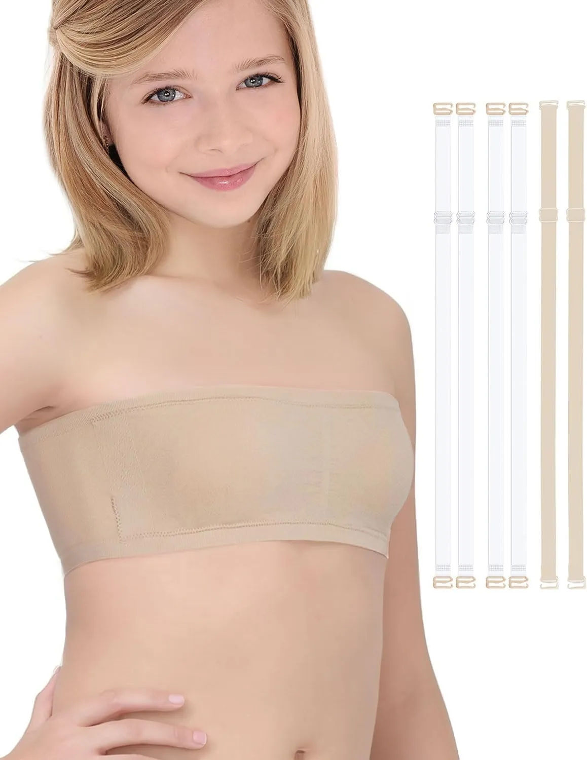 iMucci Girls Bandeau Bra Seamless Clear Strap Training Bras for Girls Sports Tube Top with Adjustable Clear Straps 7-16Y