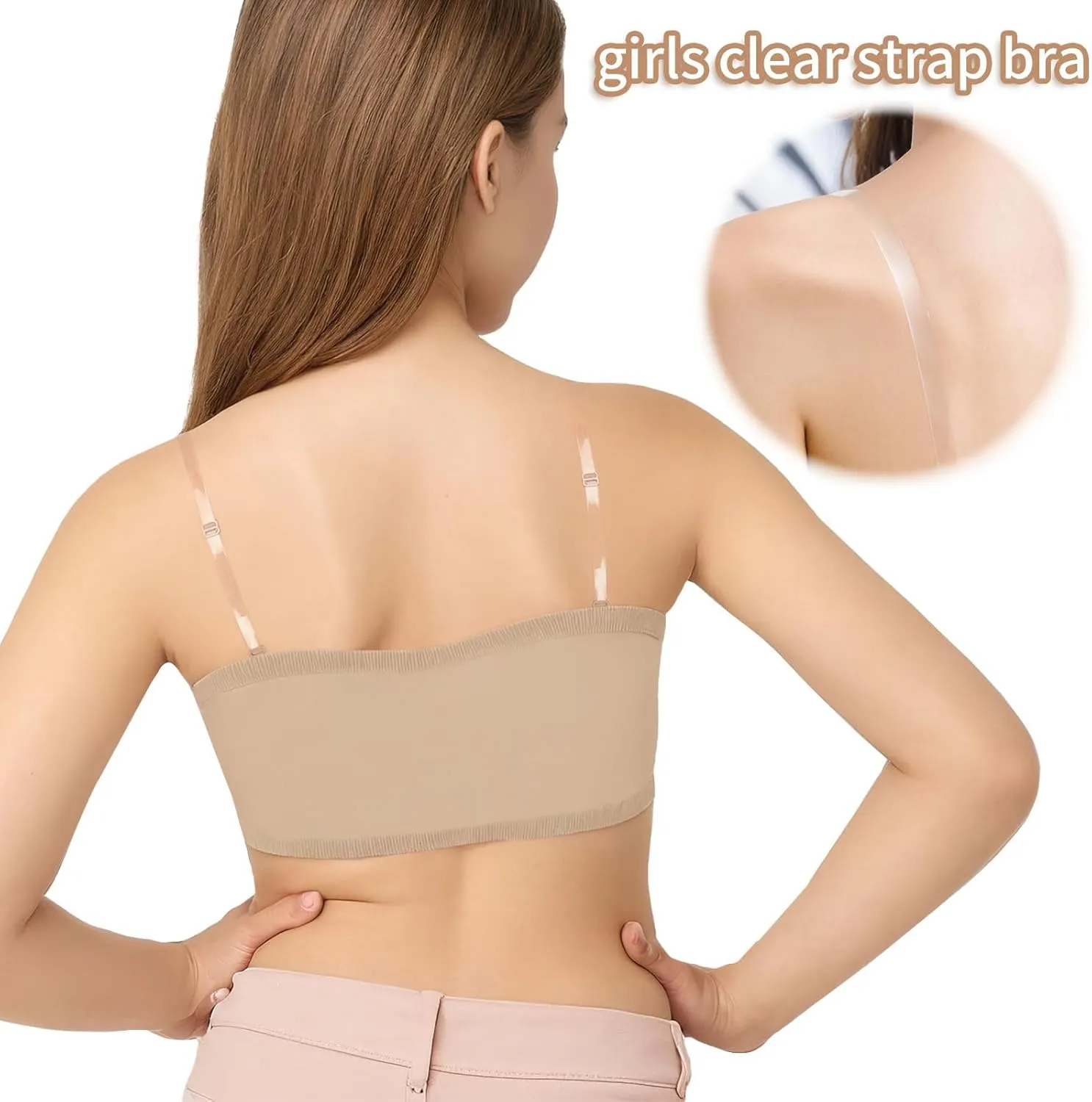 iMucci Girls Bandeau Bra Seamless Clear Strap Training Bras for Girls Sports Tube Top with Adjustable Clear Straps 7-16Y