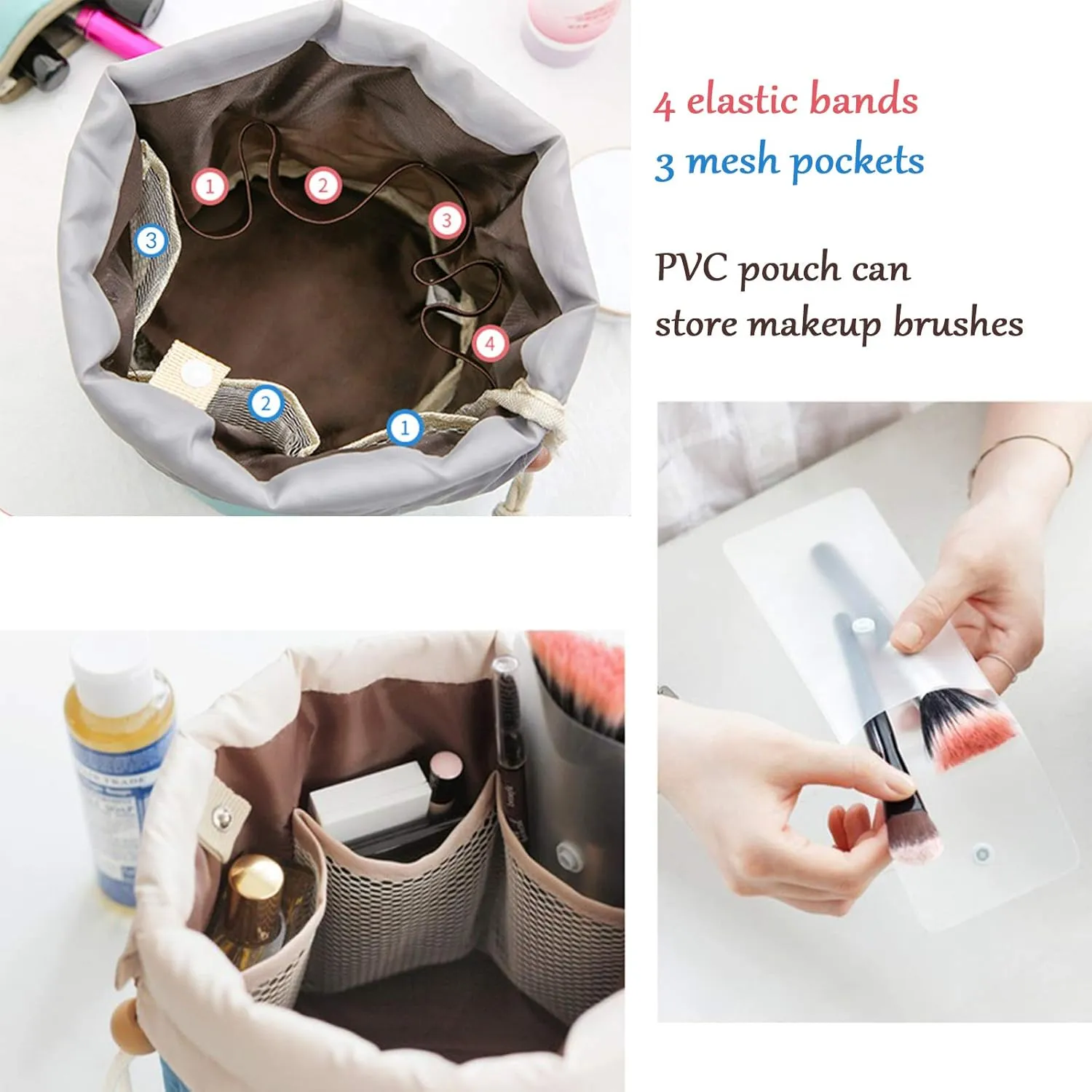 INVODA Makeup Bags Portable Drawstring Cosmetic Bag for Women Foldable Large Travel Toiletry Organizer Bag (Pink Red Green Blue)