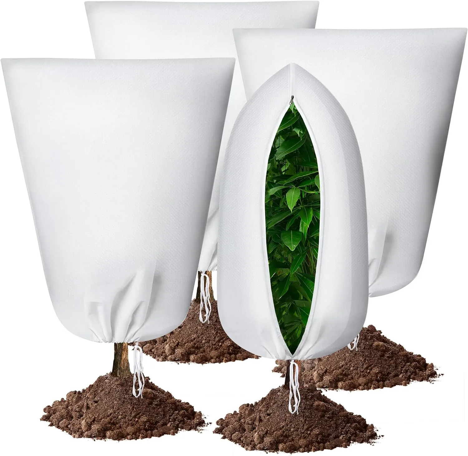 IPOW 4PCS Plant Covers Freeze Protection 47.3'' x 70.9", 3.17oz/yd² Thicken Plants Cover for Winter, Reusable Tree Frost Protection Covers Drawstring Bag with Zipper for Cold Winter Plants Protection