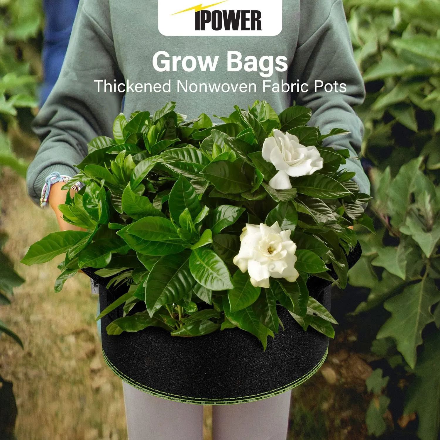 iPower 5-Gallon 10-Pack Grow Bag Thickened Nonwoven Fabric Pots Heavy Duty Aeration Container with Strap Handles for Garden and Planting Vegetable Flowers, Black with Green Stitch Sewing