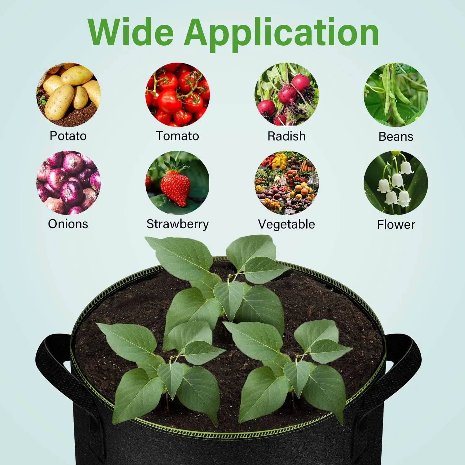 iPower 5-Gallon 10-Pack Grow Bag Thickened Nonwoven Fabric Pots Heavy Duty Aeration Container with Strap Handles for Garden and Planting Vegetable Flowers, Black with Green Stitch Sewing