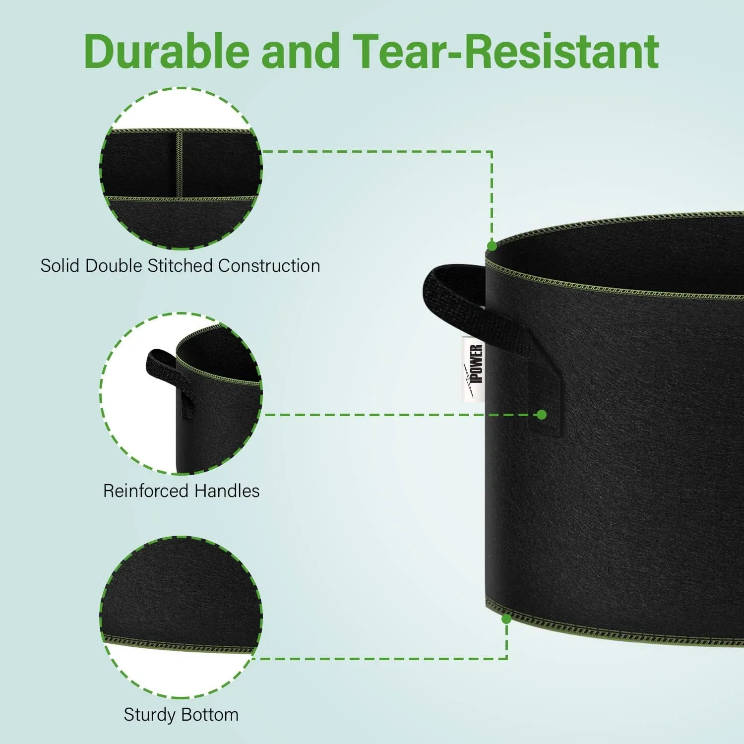 iPower 5-Gallon 10-Pack Grow Bag Thickened Nonwoven Fabric Pots Heavy Duty Aeration Container with Strap Handles for Garden and Planting Vegetable Flowers, Black with Green Stitch Sewing