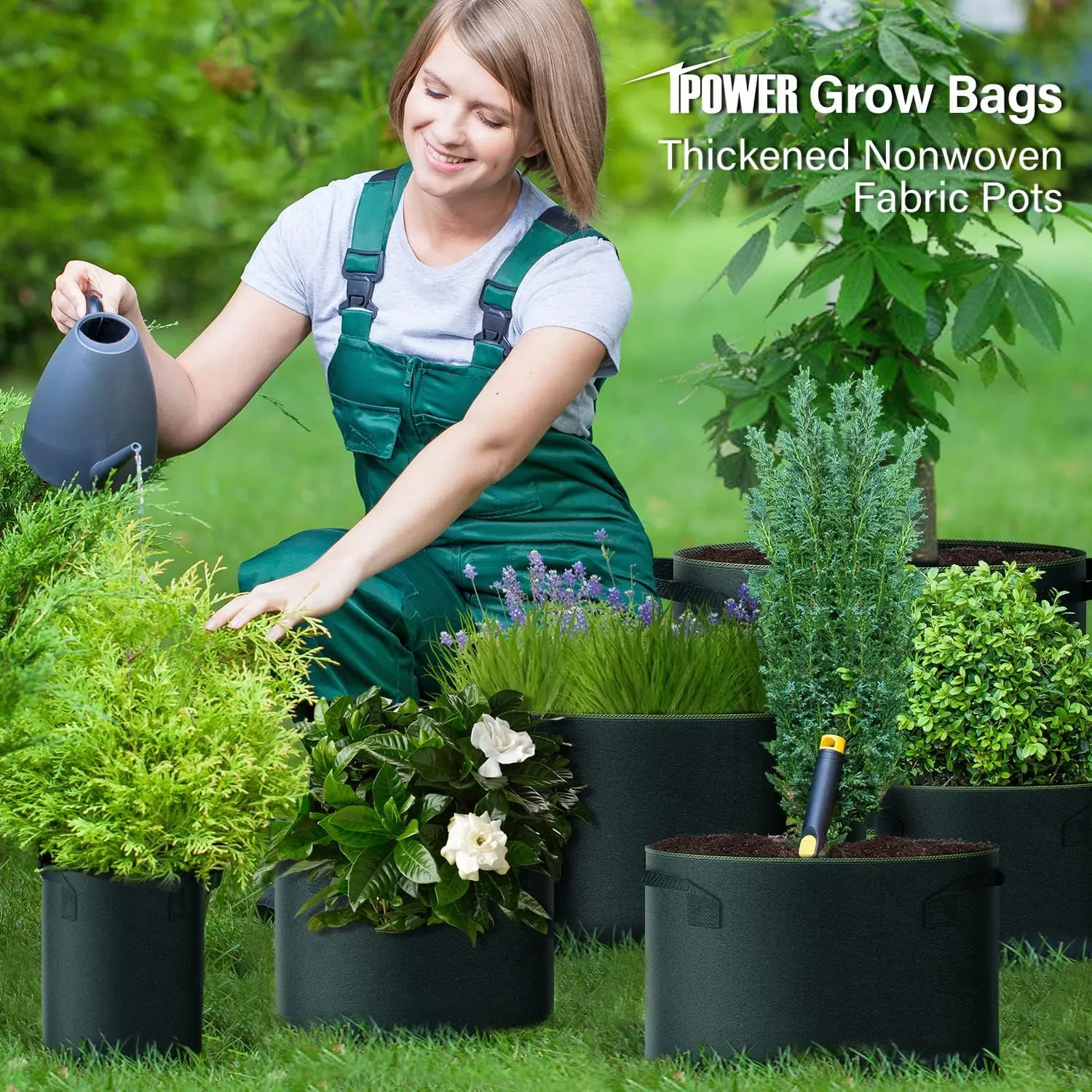iPower 5-Gallon 10-Pack Grow Bag Thickened Nonwoven Fabric Pots Heavy Duty Aeration Container with Strap Handles for Garden and Planting Vegetable Flowers, Black with Green Stitch Sewing