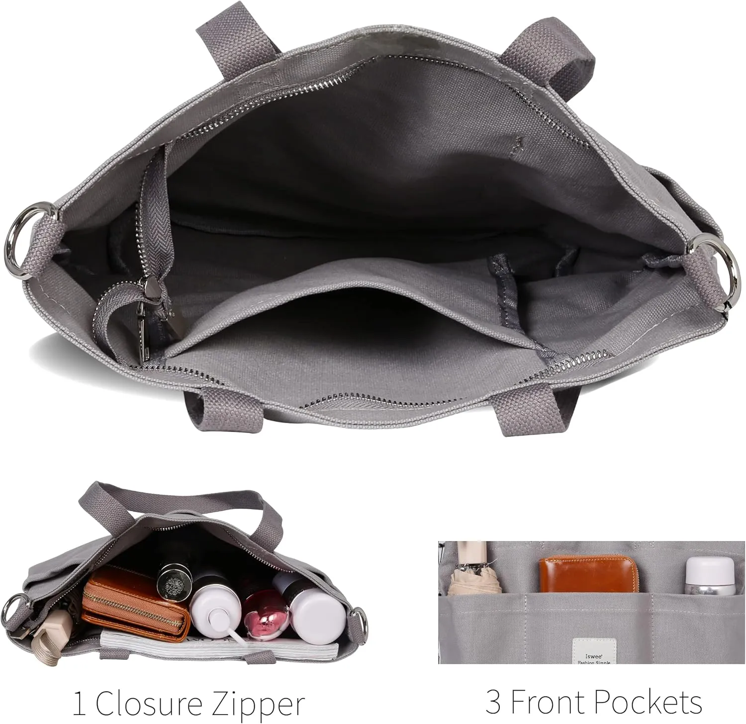 Iswee Canvas Tote Bag with Zipper Multi Pockets Tote Purse for Women Fashion Crossbody Tote Shoulder Bag Handbag Everyday Bag