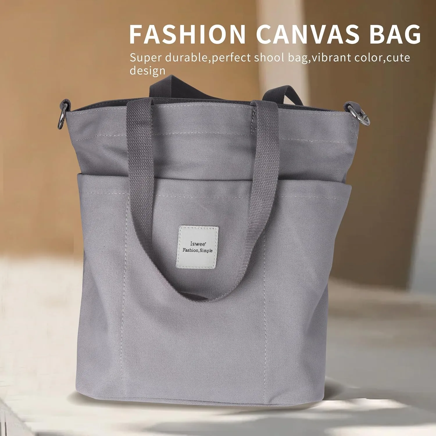 Iswee Canvas Tote Bag with Zipper Multi Pockets Tote Purse for Women Fashion Crossbody Tote Shoulder Bag Handbag Everyday Bag