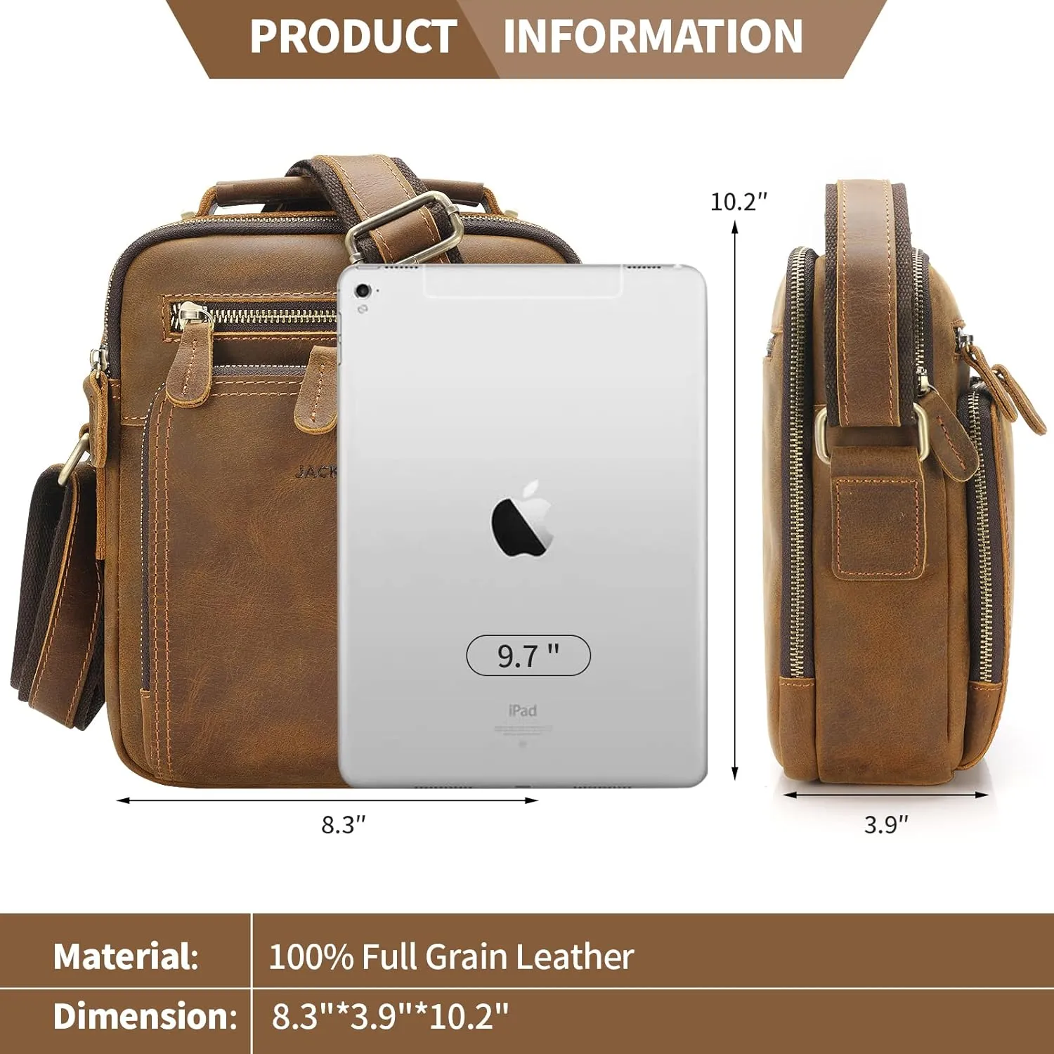 Jack&Chris Leather Messenger Bag for Men, Man Purse Crossbody Bags for Work Business