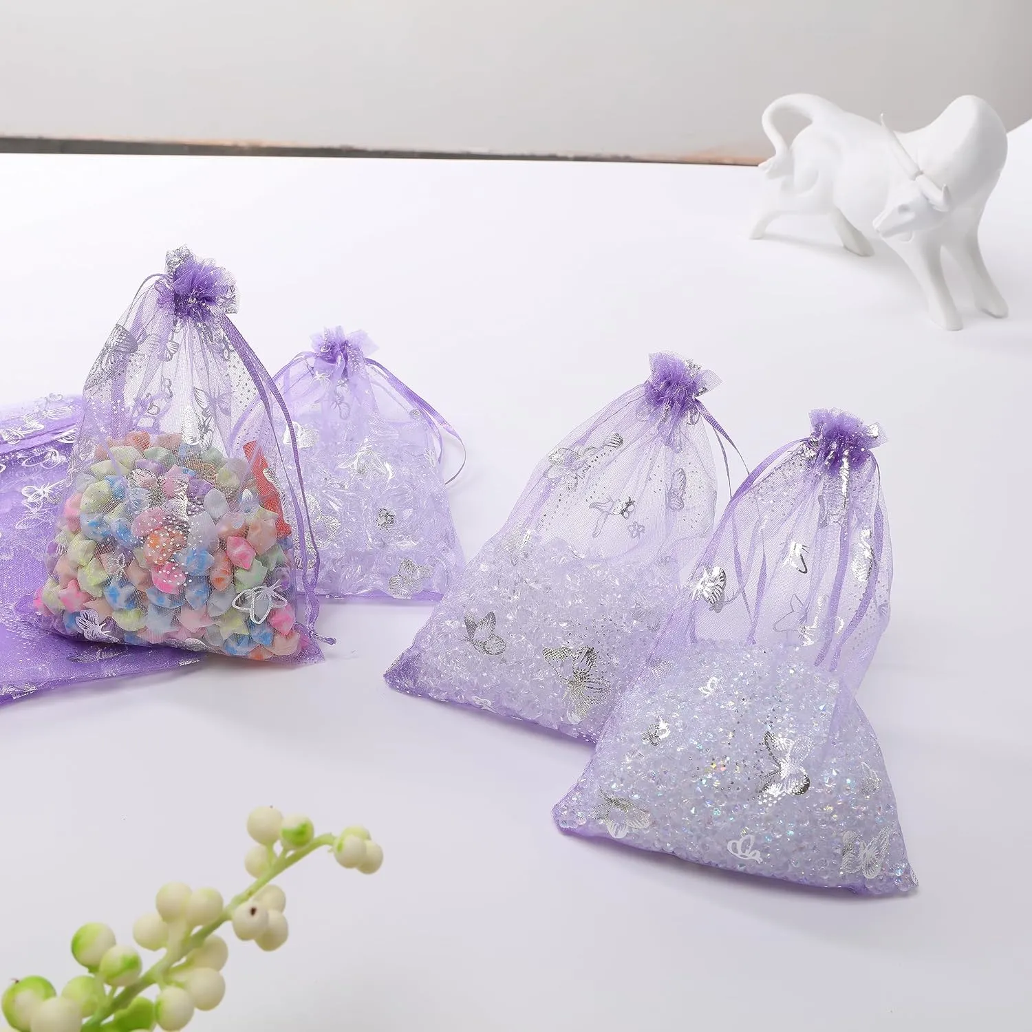 J&Rey Home 100 Pcs Butterfly Organza Jewelry Gift Pouch Candy Pouch Drawstring Wedding Favor Bags（5x7 Inch, Lavender）