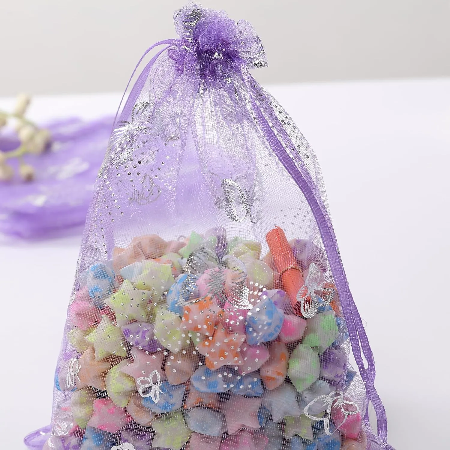 J&Rey Home 100 Pcs Butterfly Organza Jewelry Gift Pouch Candy Pouch Drawstring Wedding Favor Bags（5x7 Inch, Lavender）