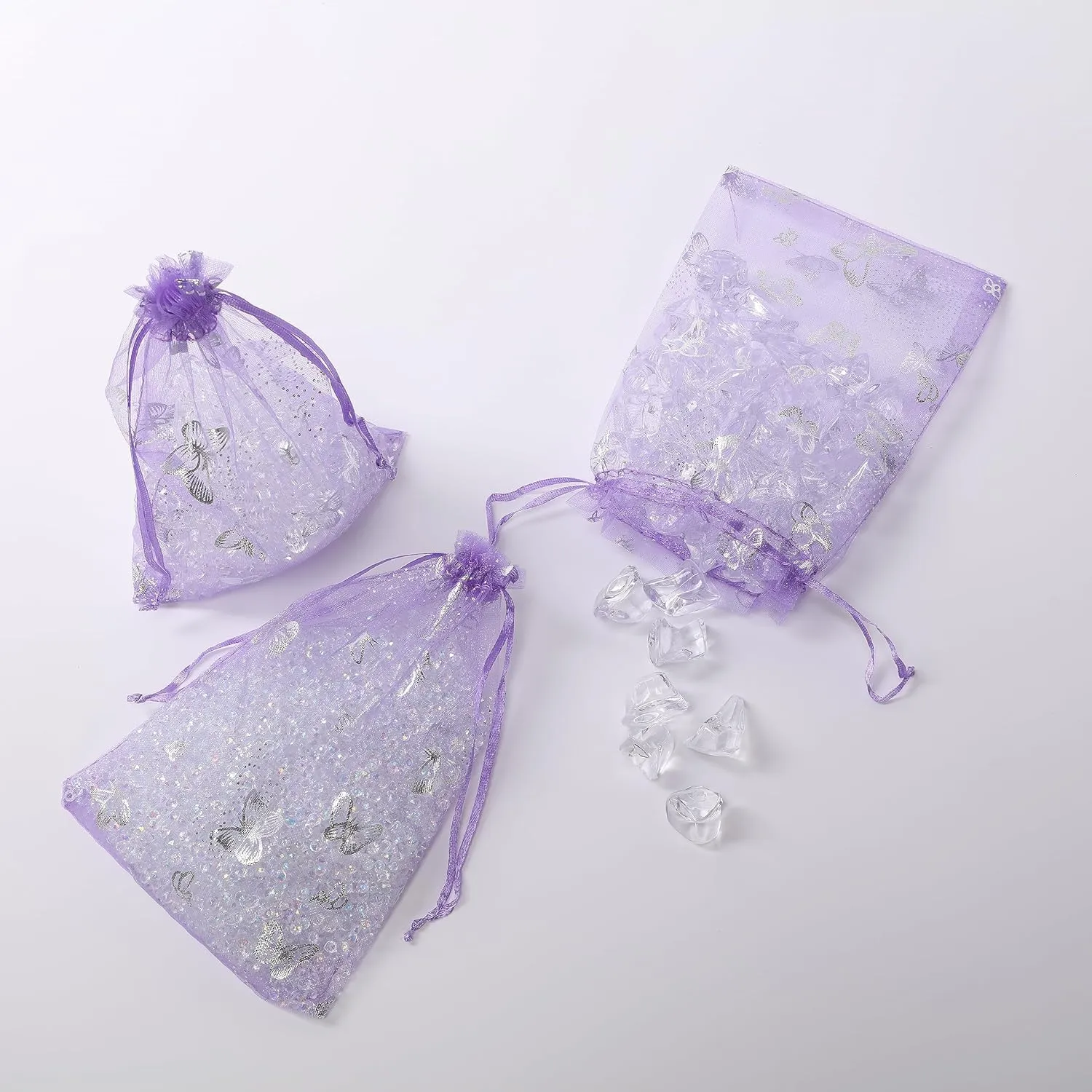 J&Rey Home 100 Pcs Butterfly Organza Jewelry Gift Pouch Candy Pouch Drawstring Wedding Favor Bags（5x7 Inch, Lavender）