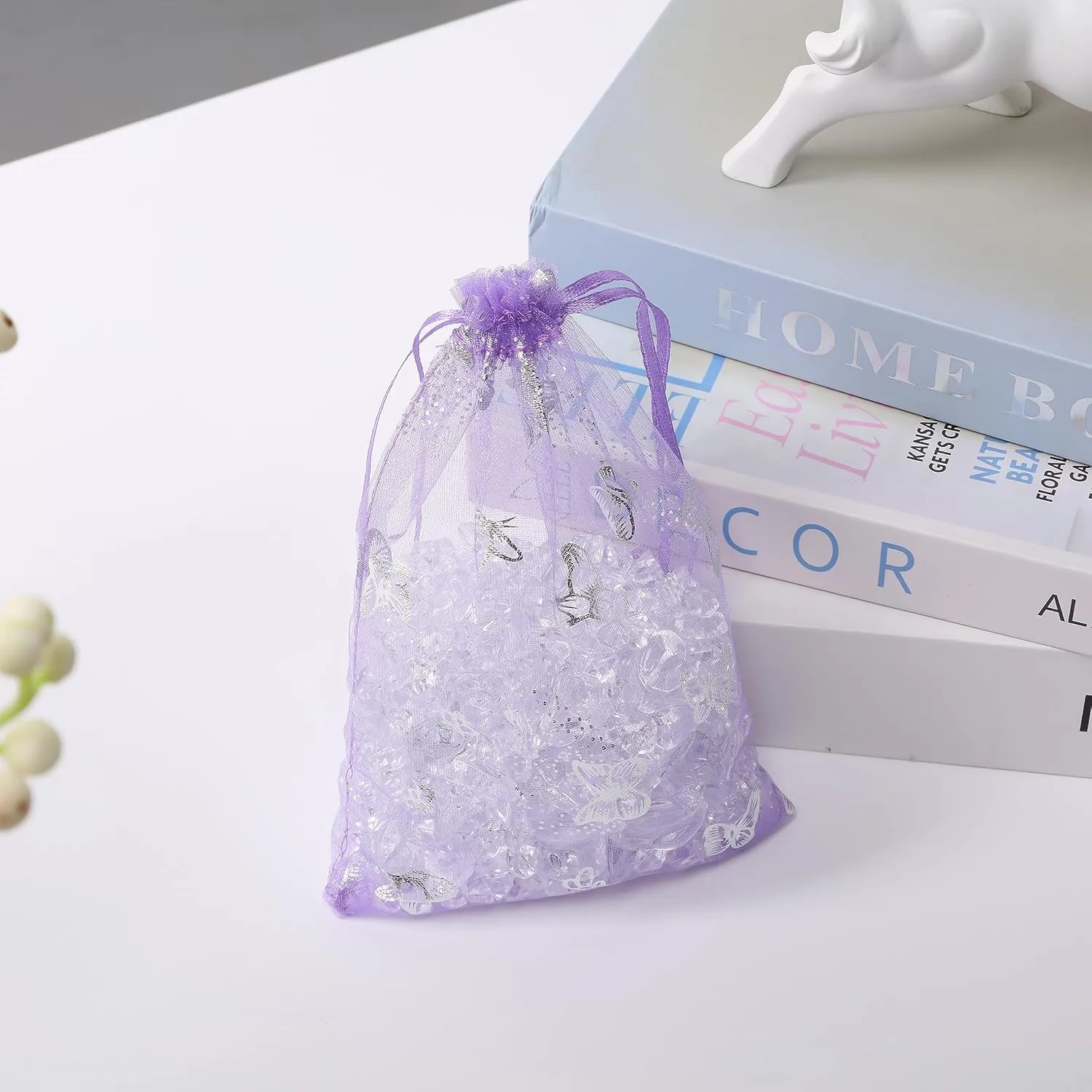 J&Rey Home 100 Pcs Butterfly Organza Jewelry Gift Pouch Candy Pouch Drawstring Wedding Favor Bags（5x7 Inch, Lavender）