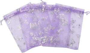 J&Rey Home 100 Pcs Butterfly Organza Jewelry Gift Pouch Candy Pouch Drawstring Wedding Favor Bags（5x7 Inch, Lavender）