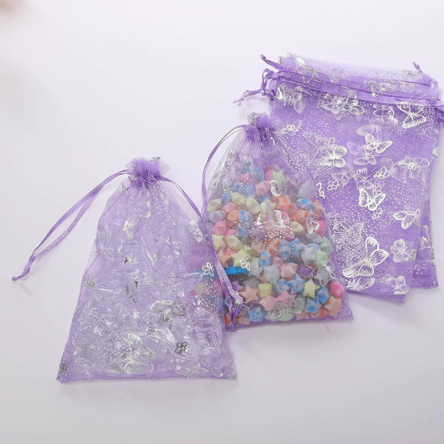 J&Rey Home 100 Pcs Butterfly Organza Jewelry Gift Pouch Candy Pouch Drawstring Wedding Favor Bags（5x7 Inch, Lavender）