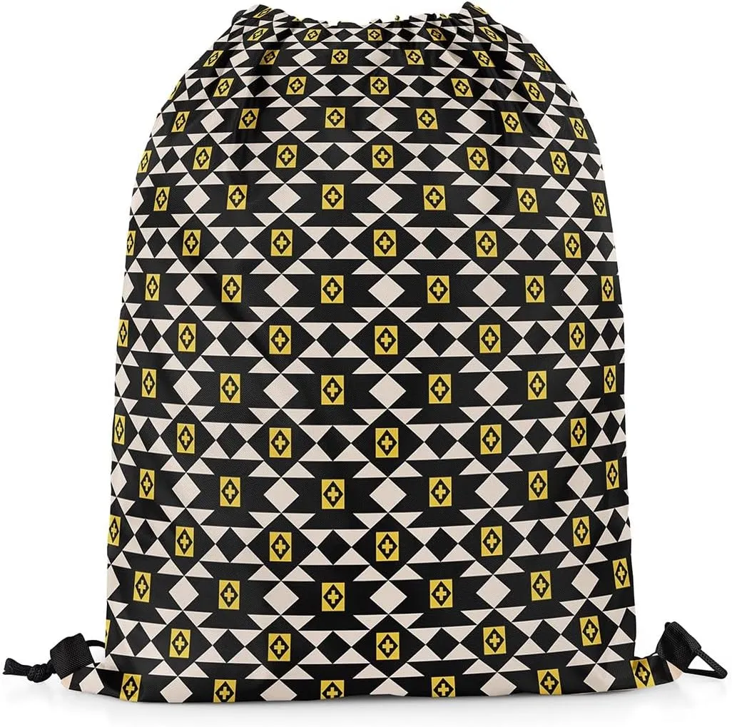jejeloiu Southwestern Ethnic Tribal Drawstring Backpack 13"x15.7" Wild West Sports Gym String Bag Boho Drawstring Bags Bohemian Waterproof Cinch Bag Black Yellow Geometry Sports Drawstring Sackpack