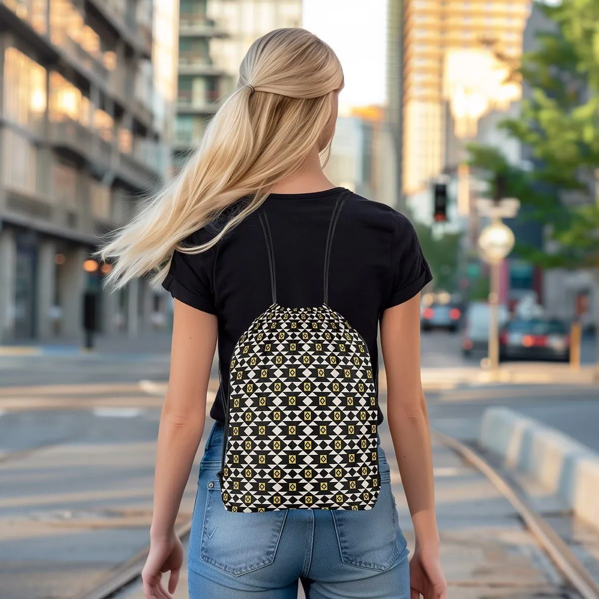 jejeloiu Southwestern Ethnic Tribal Drawstring Backpack 13"x15.7" Wild West Sports Gym String Bag Boho Drawstring Bags Bohemian Waterproof Cinch Bag Black Yellow Geometry Sports Drawstring Sackpack