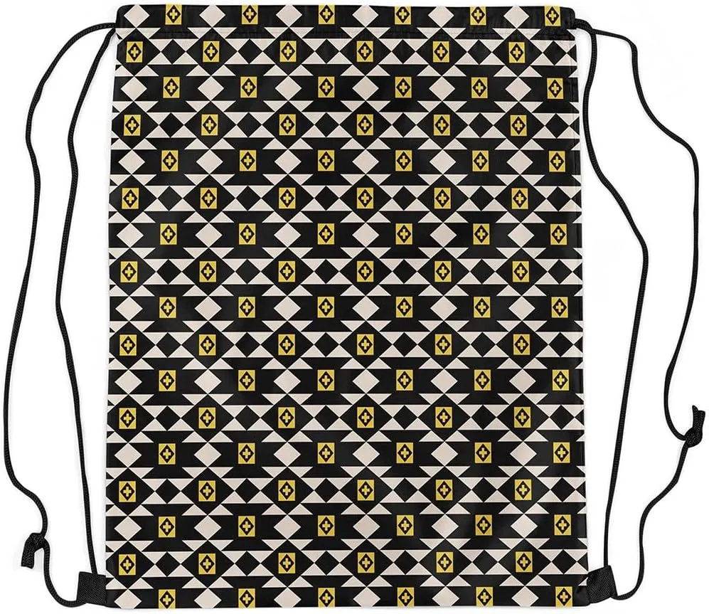 jejeloiu Southwestern Ethnic Tribal Drawstring Backpack 13"x15.7" Wild West Sports Gym String Bag Boho Drawstring Bags Bohemian Waterproof Cinch Bag Black Yellow Geometry Sports Drawstring Sackpack