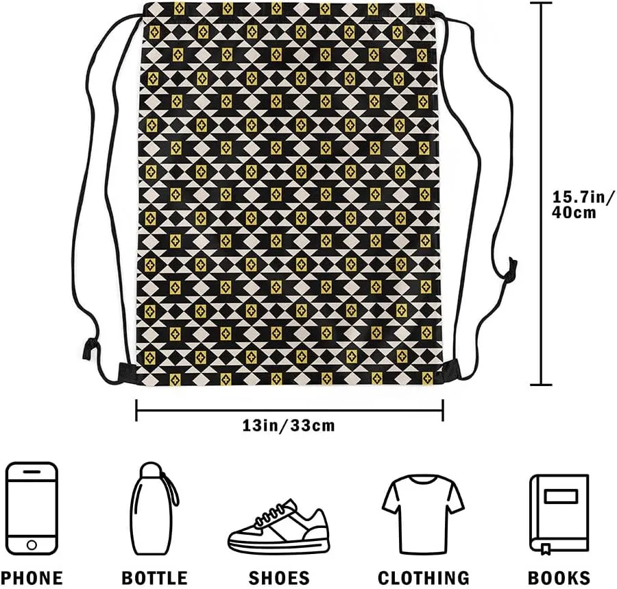 jejeloiu Southwestern Ethnic Tribal Drawstring Backpack 13"x15.7" Wild West Sports Gym String Bag Boho Drawstring Bags Bohemian Waterproof Cinch Bag Black Yellow Geometry Sports Drawstring Sackpack