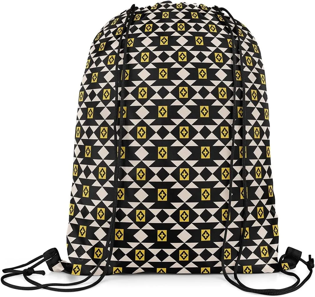 jejeloiu Southwestern Ethnic Tribal Drawstring Backpack 13"x15.7" Wild West Sports Gym String Bag Boho Drawstring Bags Bohemian Waterproof Cinch Bag Black Yellow Geometry Sports Drawstring Sackpack