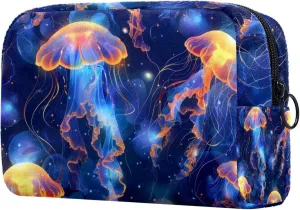 Jellyfish Swimming Undersea Cosmetic Makeup Bags, Small Travel Zipper Pouch Portable Toiletry Bag Makeup Organizer for Women Teen Girls