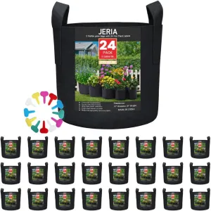 JERIA 24-Pack 5 Gallon Nonwoven Grow Bags, Plant Grow Bags，Heavy Duty Aeration Fabric Pots with Durable Handles, Come with 24 Pcs Plant Labels