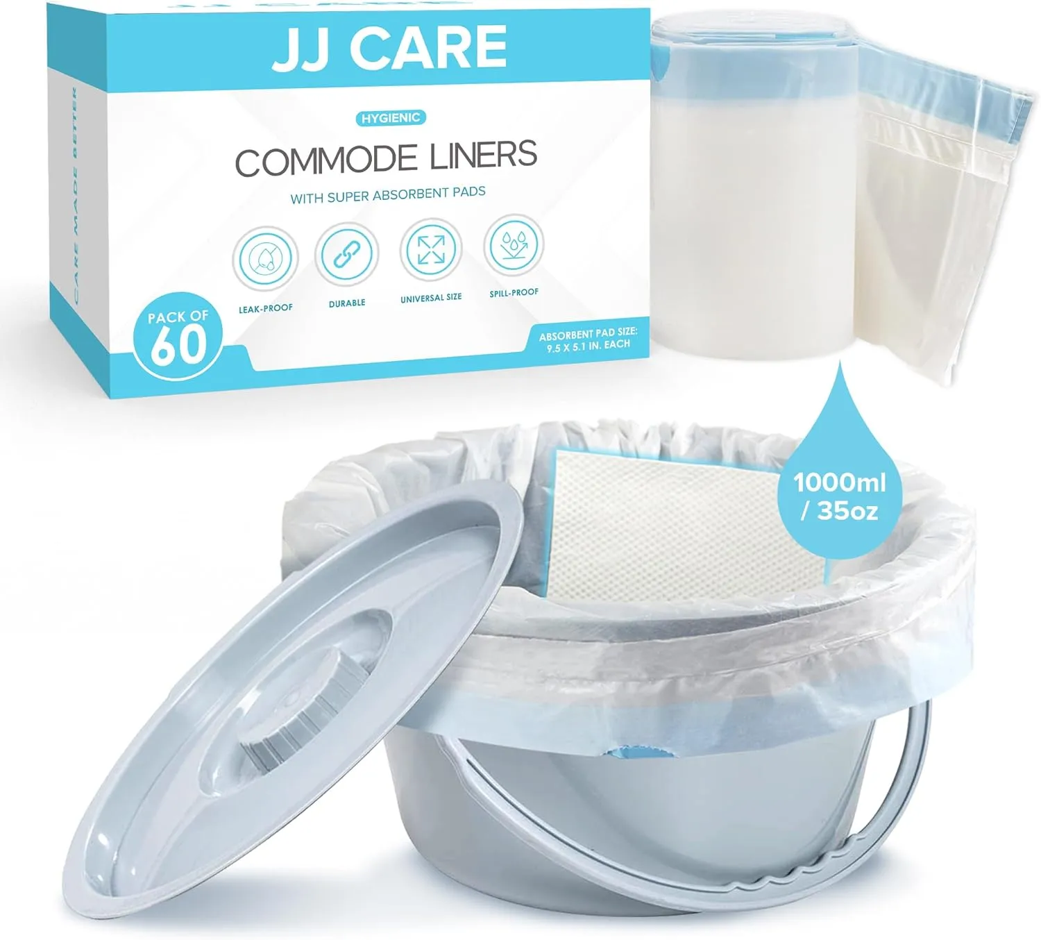 JJ CARE Bedside Commode Liners with Absorbent Pads - Pack of 60 Commode Poop Bags Liners 16"x21" Adults' Portable Bed Pan Toilet Chair, Disposable Toilet Bags for Bedside