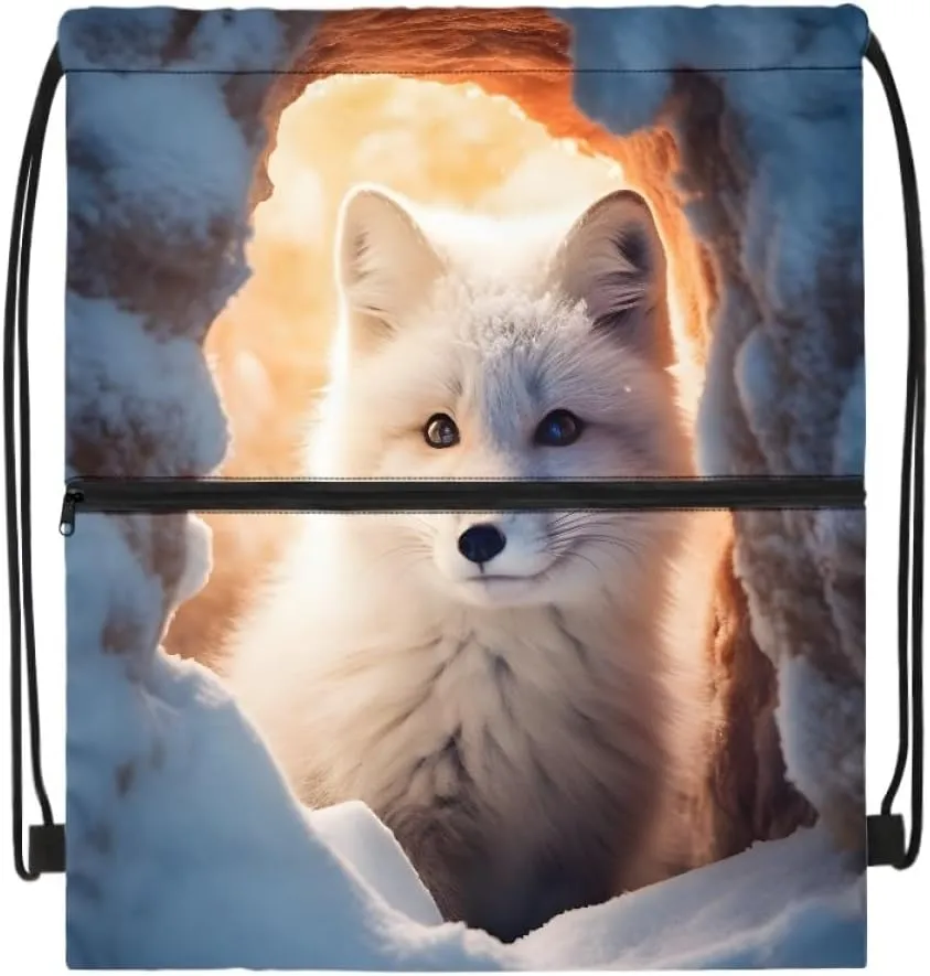 JooMeryer Boy Men Cool Animal Drawstring Bags Wolf Fox Printed Lightweight Sports Gym Backpack Bag with Front Zippper Pocket,Cute Fox