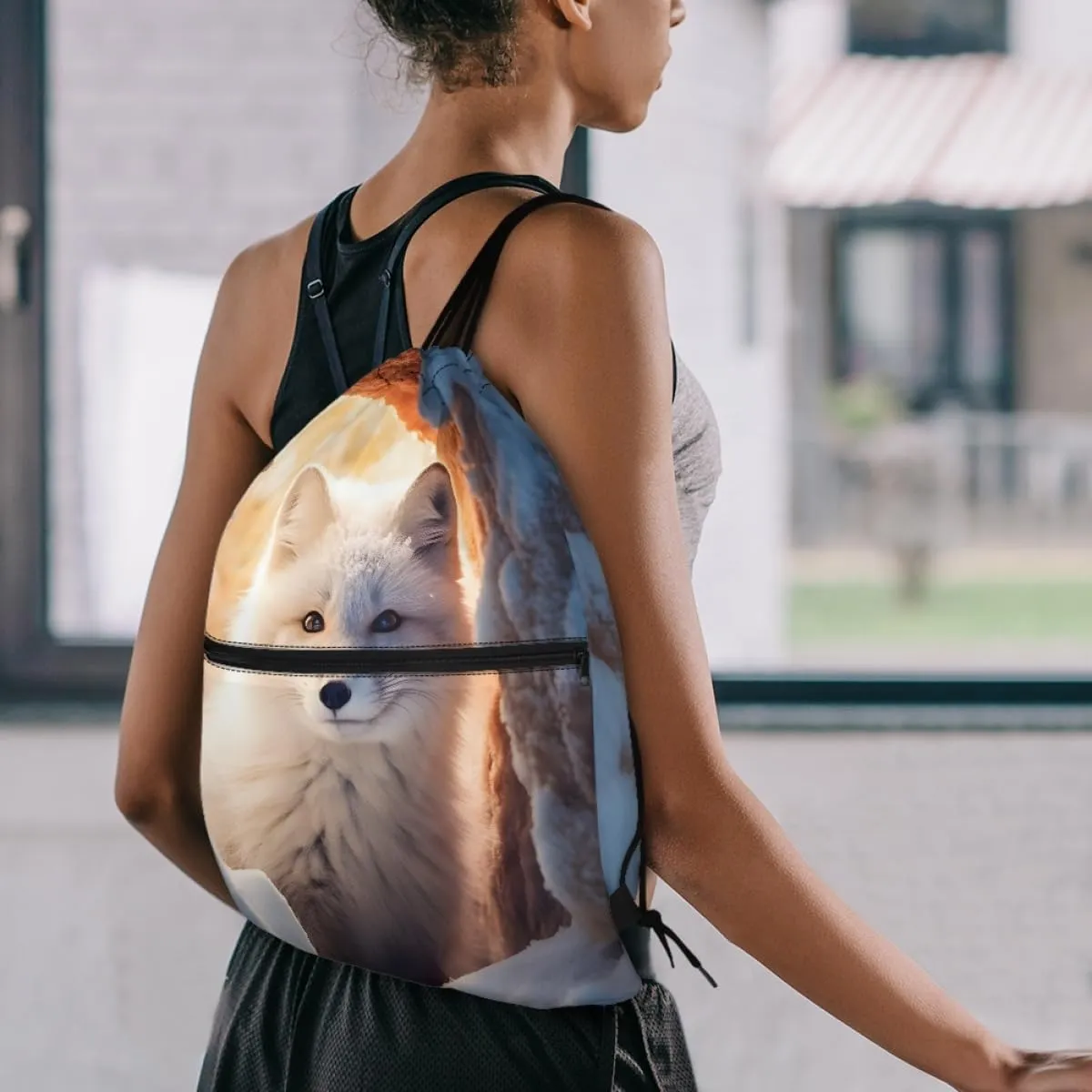 JooMeryer Boy Men Cool Animal Drawstring Bags Wolf Fox Printed Lightweight Sports Gym Backpack Bag with Front Zippper Pocket,Cute Fox