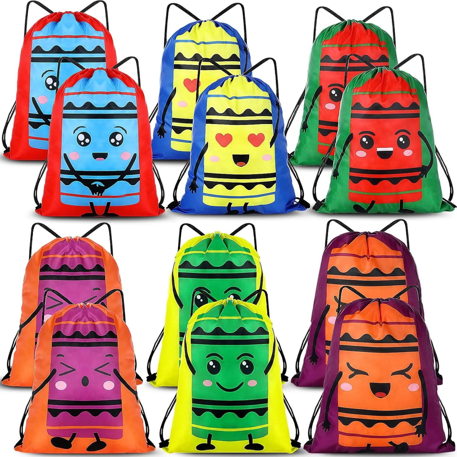 Kacctyen 12 Pcs Crayon Drawstring Backpack Bulk Drawstring Gym Bags Draw String Bags Cinch Bag Reflective String Bags for Sports, Gym, Travel, Swimming, Beach, Crayon Party Favor (6 Colors)