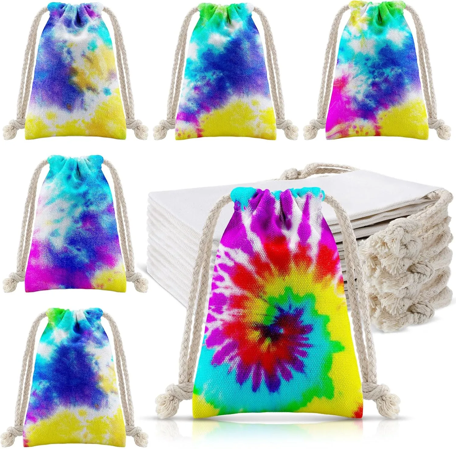 Kacctyen 24 Pcs Tie Dye Cotton Gift Bags Tie Dye Party Favor Birthday Decorations Drawstring Candy Goodie Treat Bags 4 x 6 Inch Sublimation Blank Items for Wrapping DIY Group