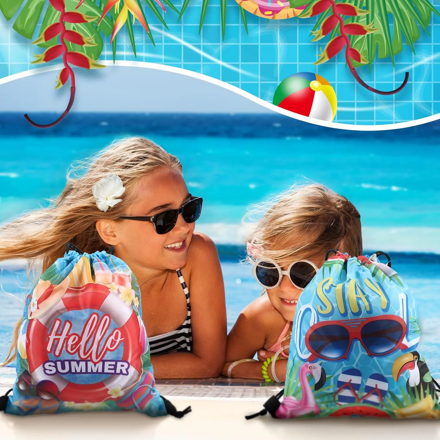 Kacctyen 36 Pcs Pool Beach Drawstring Bags Summer Drawstring Backpack Beach Ball String Birthday Bag Pool Party Decoration (Classic)