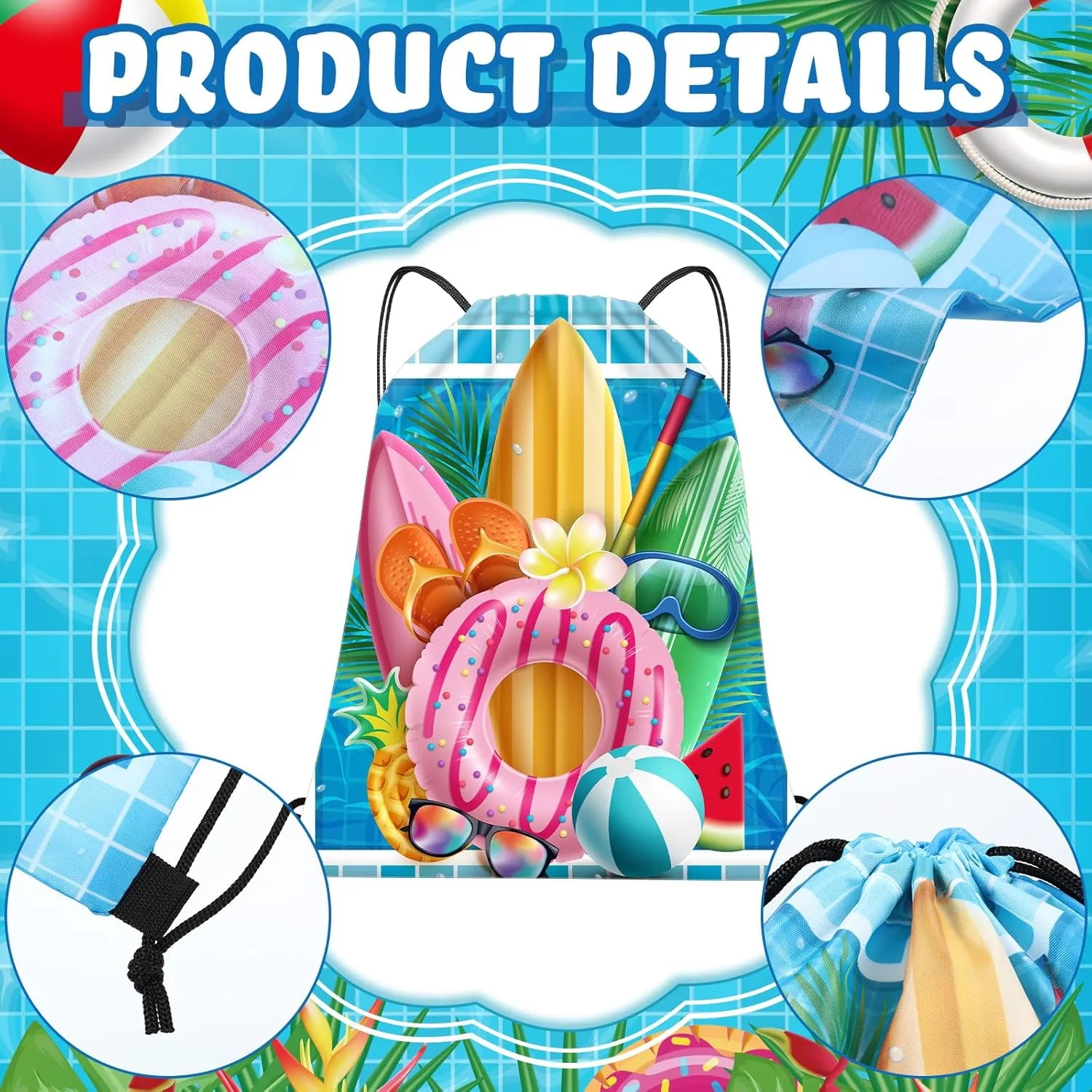 Kacctyen 36 Pcs Pool Beach Drawstring Bags Summer Drawstring Backpack Beach Ball String Birthday Bag Pool Party Decoration (Classic)