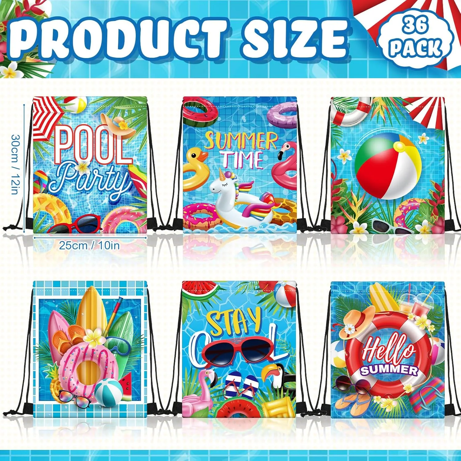 Kacctyen 36 Pcs Pool Beach Drawstring Bags Summer Drawstring Backpack Beach Ball String Birthday Bag Pool Party Decoration (Classic)