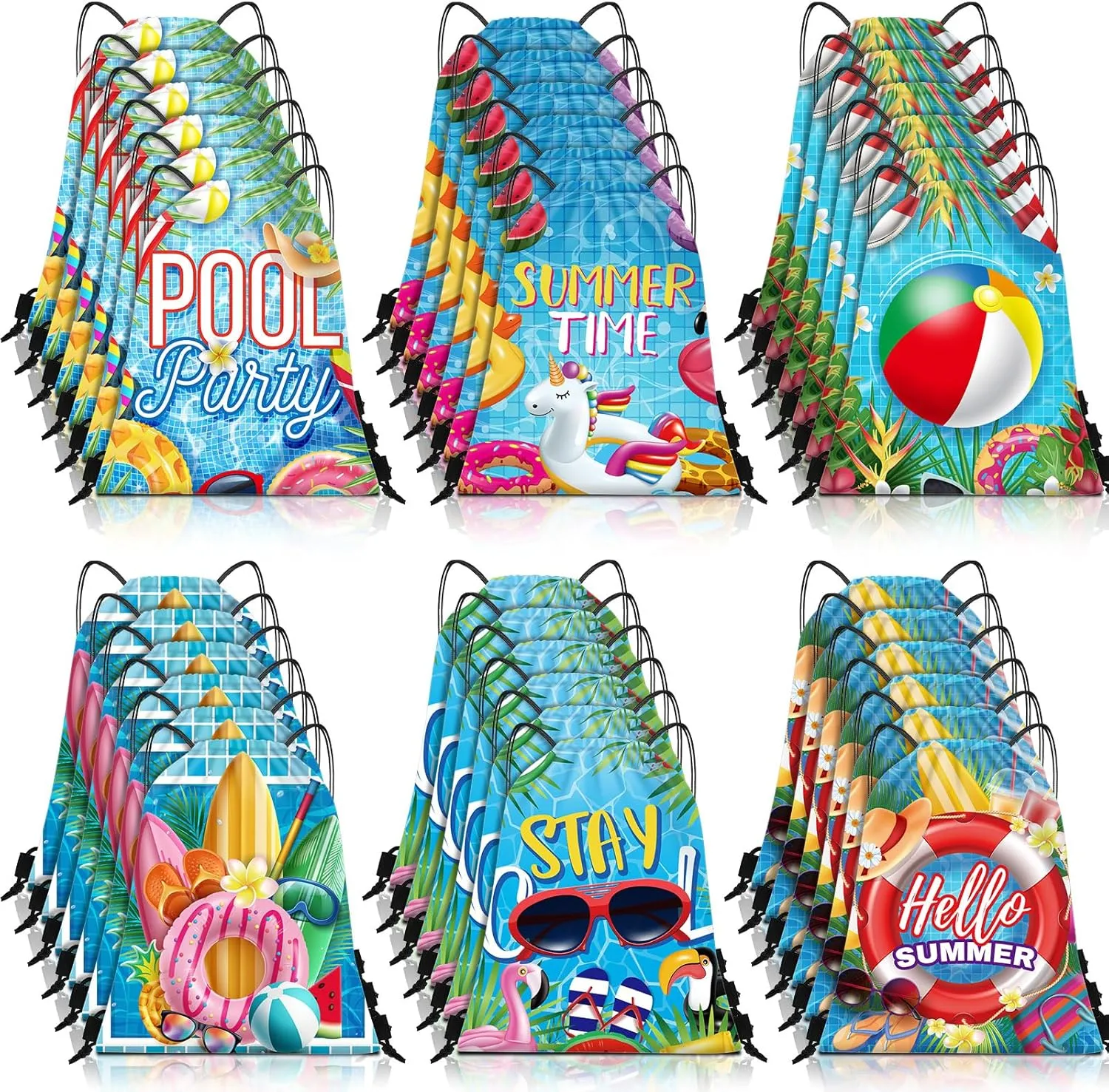 Kacctyen 36 Pcs Pool Beach Drawstring Bags Summer Drawstring Backpack Beach Ball String Birthday Bag Pool Party Decoration (Classic)