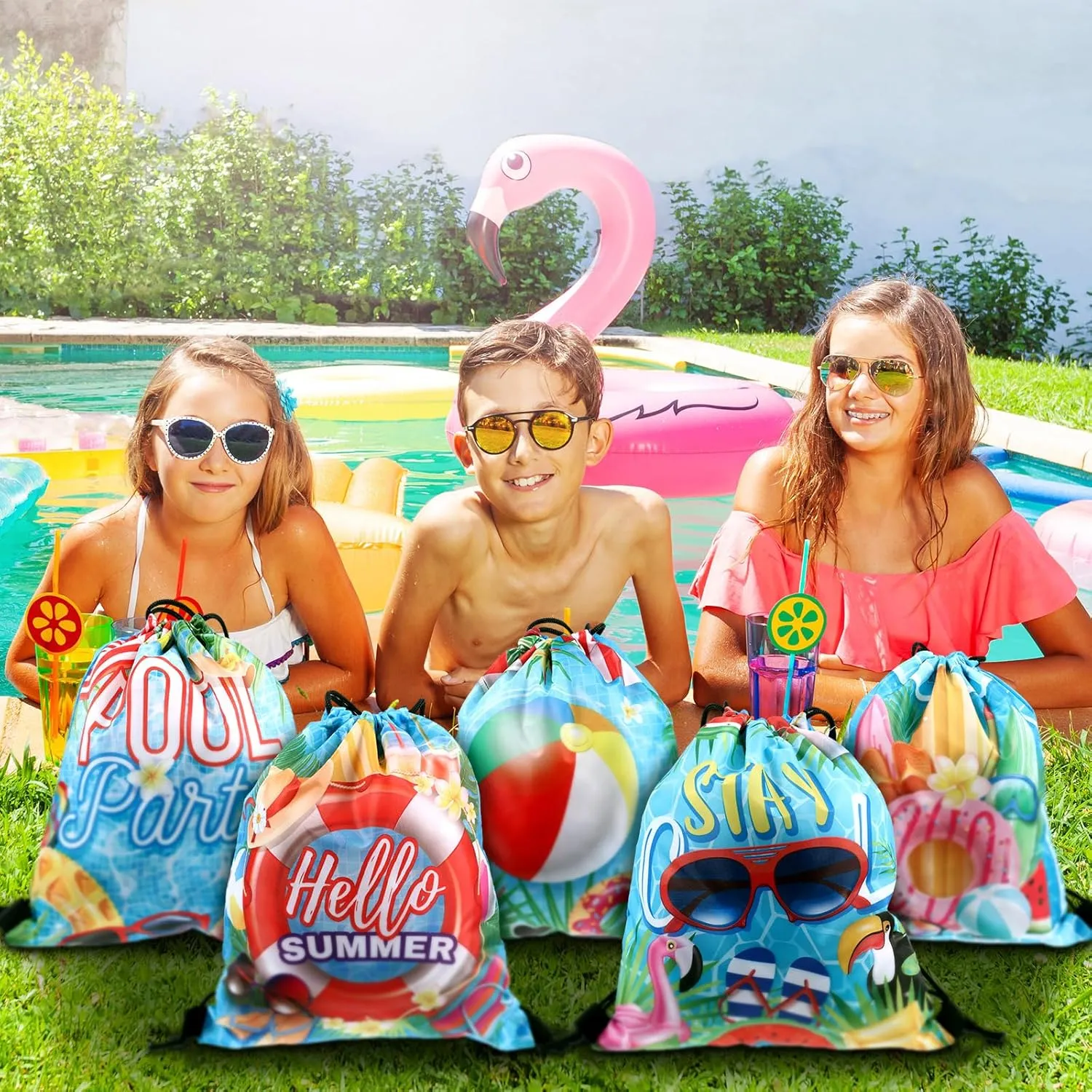 Kacctyen 36 Pcs Pool Beach Drawstring Bags Summer Drawstring Backpack Beach Ball String Birthday Bag Pool Party Decoration (Classic)
