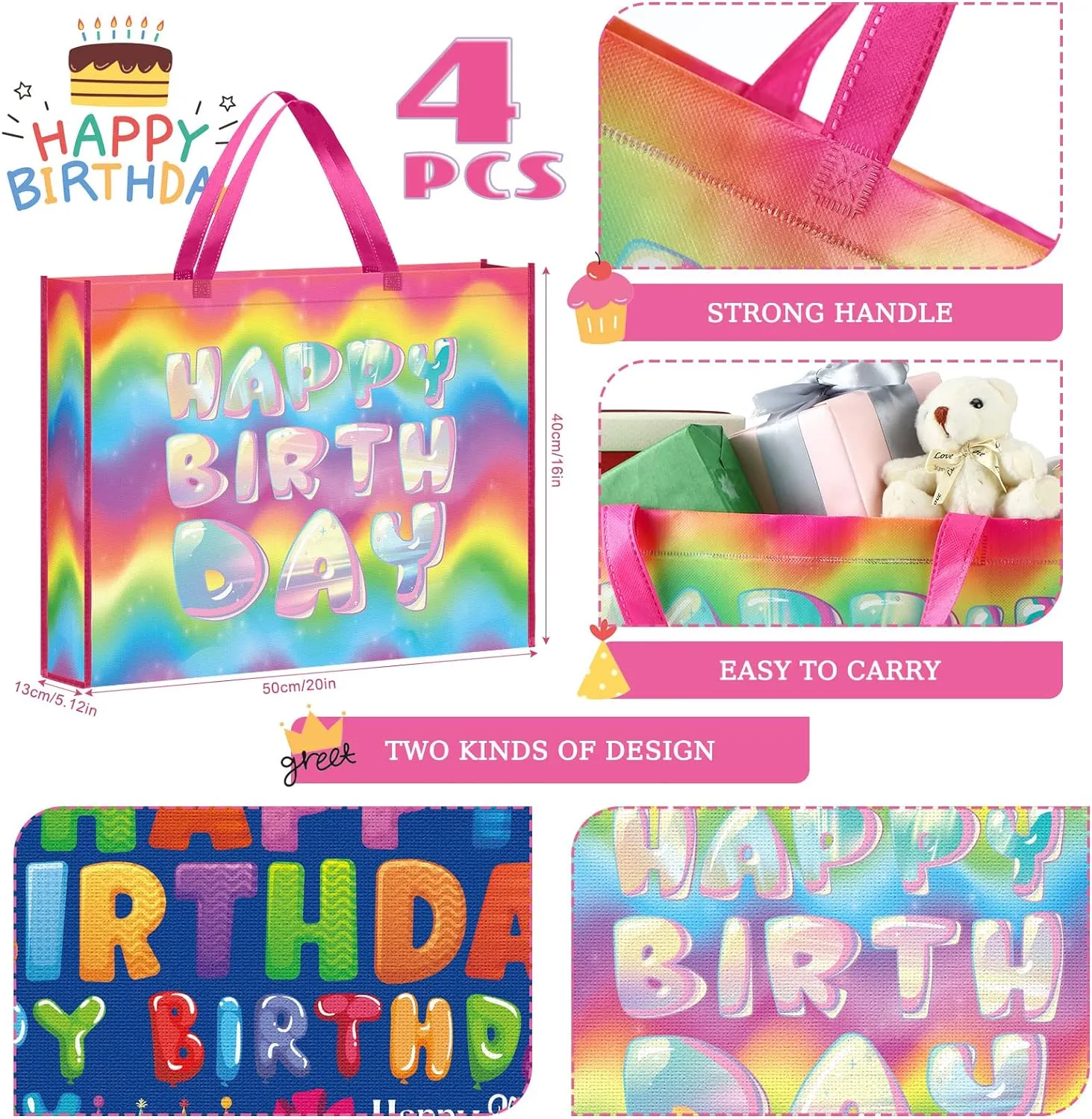 Kajaia Gift Bags, 4 Pcs Extra Large Birthday Party Favor Supplies, Non Woven Fabric, Reusable, Colorful Designs, 16 x 20 Inch, for Baby Shower, Kids, Events