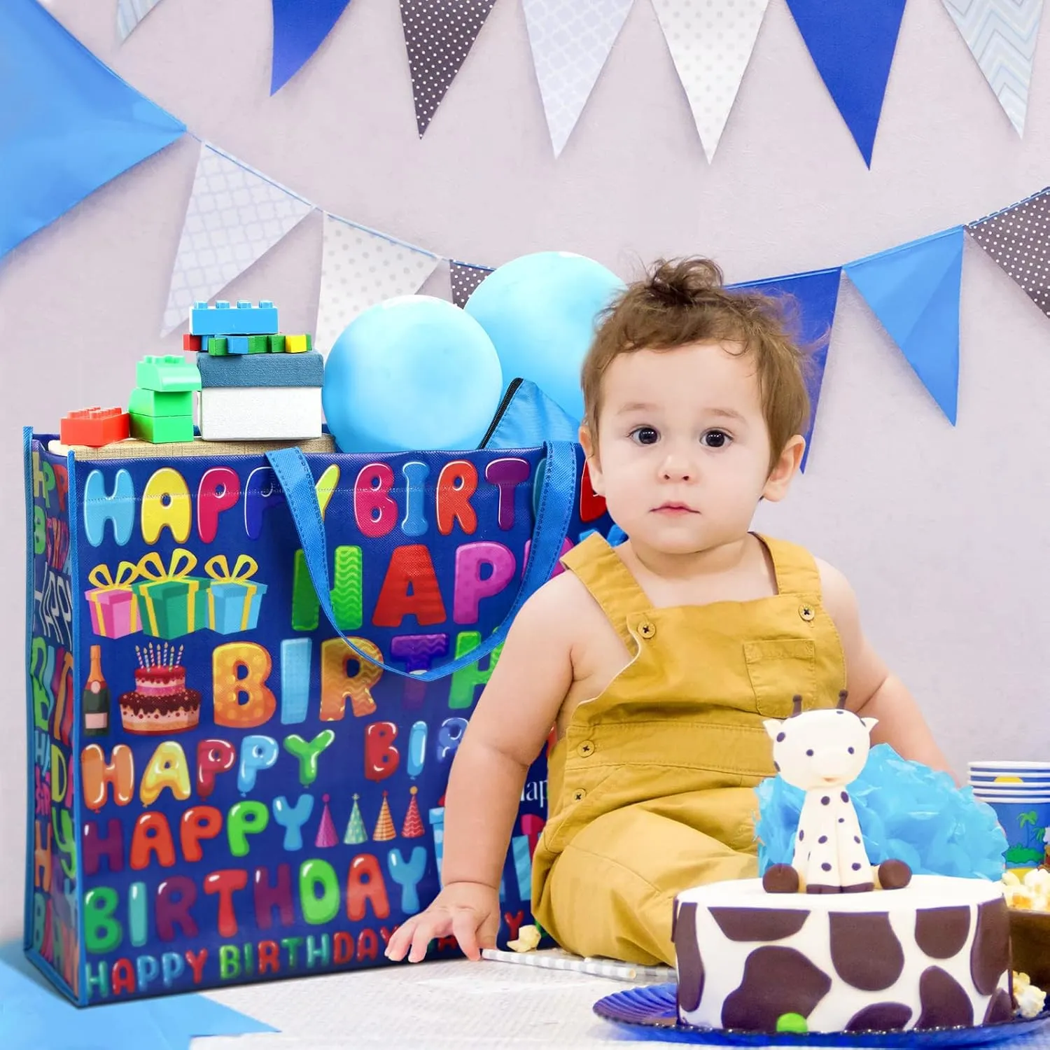 Kajaia Gift Bags, 4 Pcs Extra Large Birthday Party Favor Supplies, Non Woven Fabric, Reusable, Colorful Designs, 16 x 20 Inch, for Baby Shower, Kids, Events