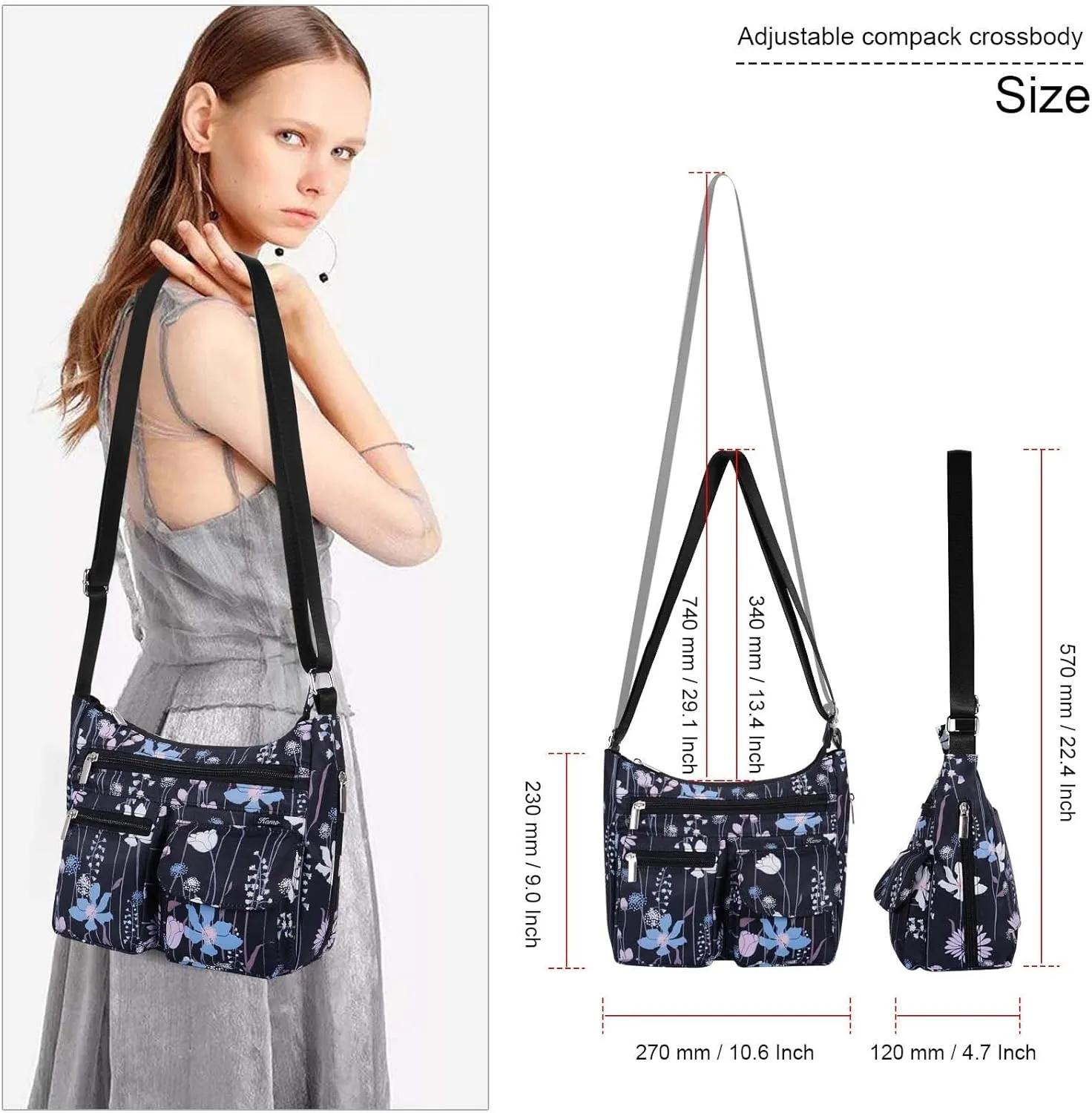 Kamo Crossbody for Women - Multi-pocket Shoulder Lightweight Messenger Casual Printed Purse Handbag Travel Bag