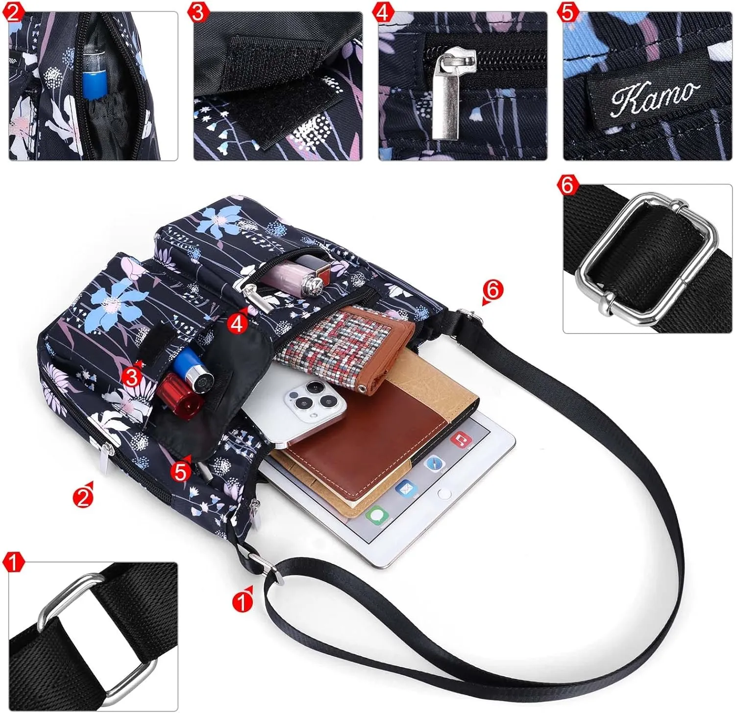 Kamo Crossbody for Women - Multi-pocket Shoulder Lightweight Messenger Casual Printed Purse Handbag Travel Bag